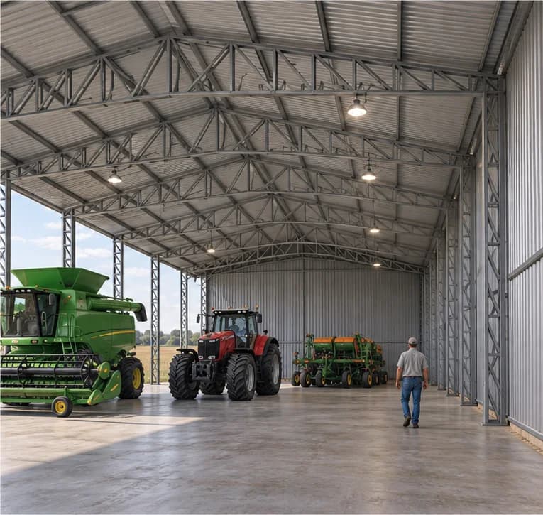 Render conceitual do interior do AGRO 500: altura livre sob as tesouras treliçadas, máquinas agrícolas ilustrativas e passagem desocupada.