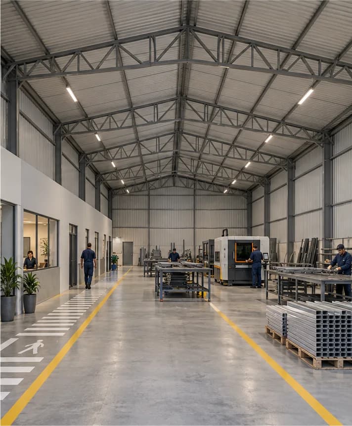 Render conceitual do interior do IND 500: salão de produção com tesouras metálicas aparentes, faixa de apoio lateral, bancadas e equipamentos ilustrativos.