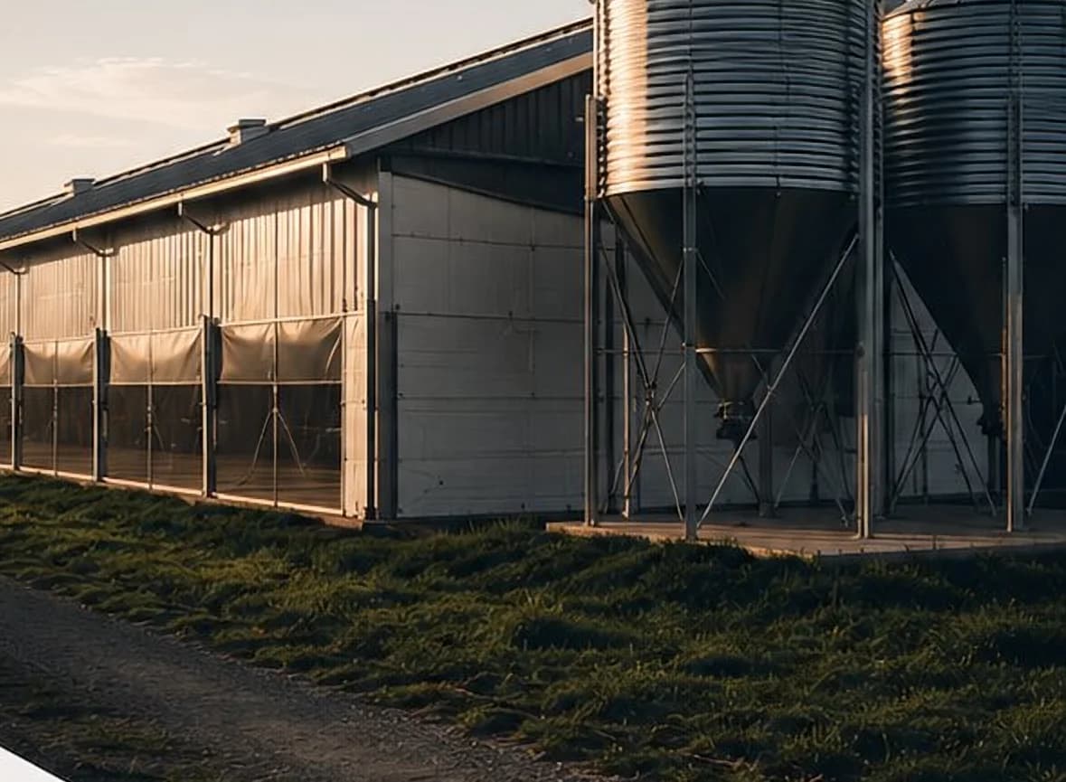 Barracão rural com silos de armazenagem ao entardecer